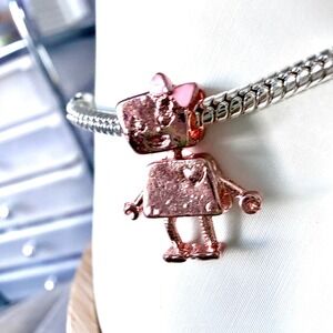 Pandora-like Bead Charm Fits Snake Chain Bracelet Rose Gold Robot Girl Pink Bow